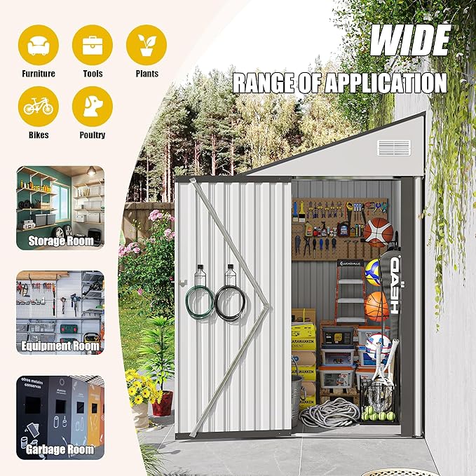 4×8 FT Outdoor Metal Storage Shed,Heavy-Duty Lean to Storage Shed with Lockable Single Side Hinge Door,Waterproof Metal Storage Tool House W/Sloping Roof,Air Vent&Protect Film,for Backyard,White