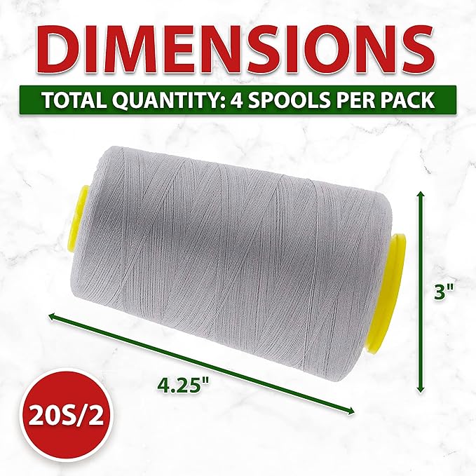 Mandala Crafts 4 Pack of Serger Threads Cones Spools - 20S/2 24000 Yards Polyester Gray Threads for Sergers Machine and Overlock Quilting Sewing Machine