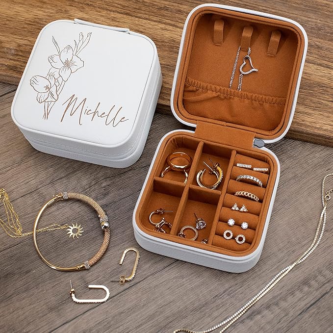 Custom Leather Jewelry Box w/Name & Birth Flower Month - Birthday Gifts for Women, Personalized Jewelry Travel Case - Customized Jewelry Organizer Box, Mom Birthday Gifts - Rustic