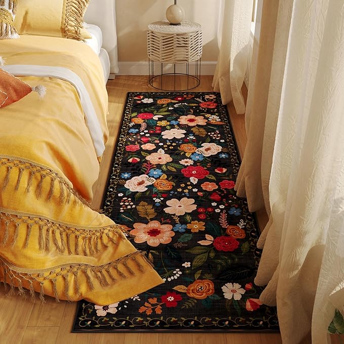 Rugcomf Runner Rug for Hallways Kitchen Rug Non Slip 2'6''x8' Washable Runner Rugs with Rubber Backing Soft Floral Carpet Runner for Hallways, Kitchen, Laundry, Bedroom, Bathroom(Black)