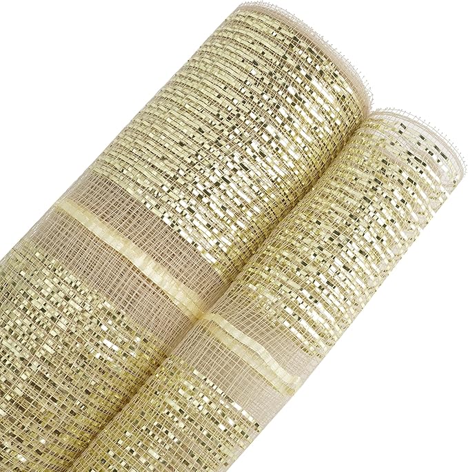 MEEDEE Champagne Deco Mesh 10 Inch Deluxe Wide Foil Metallic Pull Up Mesh Champagne Gold Mesh Ribbon for Christmas Tree, Wreaths, Garland, Gift Wrapping, Bows Making (30 Feet)