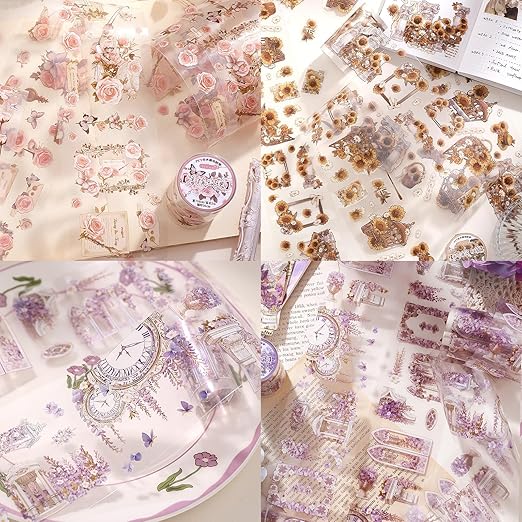 4 Rolls Pre-Cut pet Flower Tape Stickers Flower Vintage Stickers Decorative Tape Aesthetic Stickers for Journaling, Scrapbook Supplies