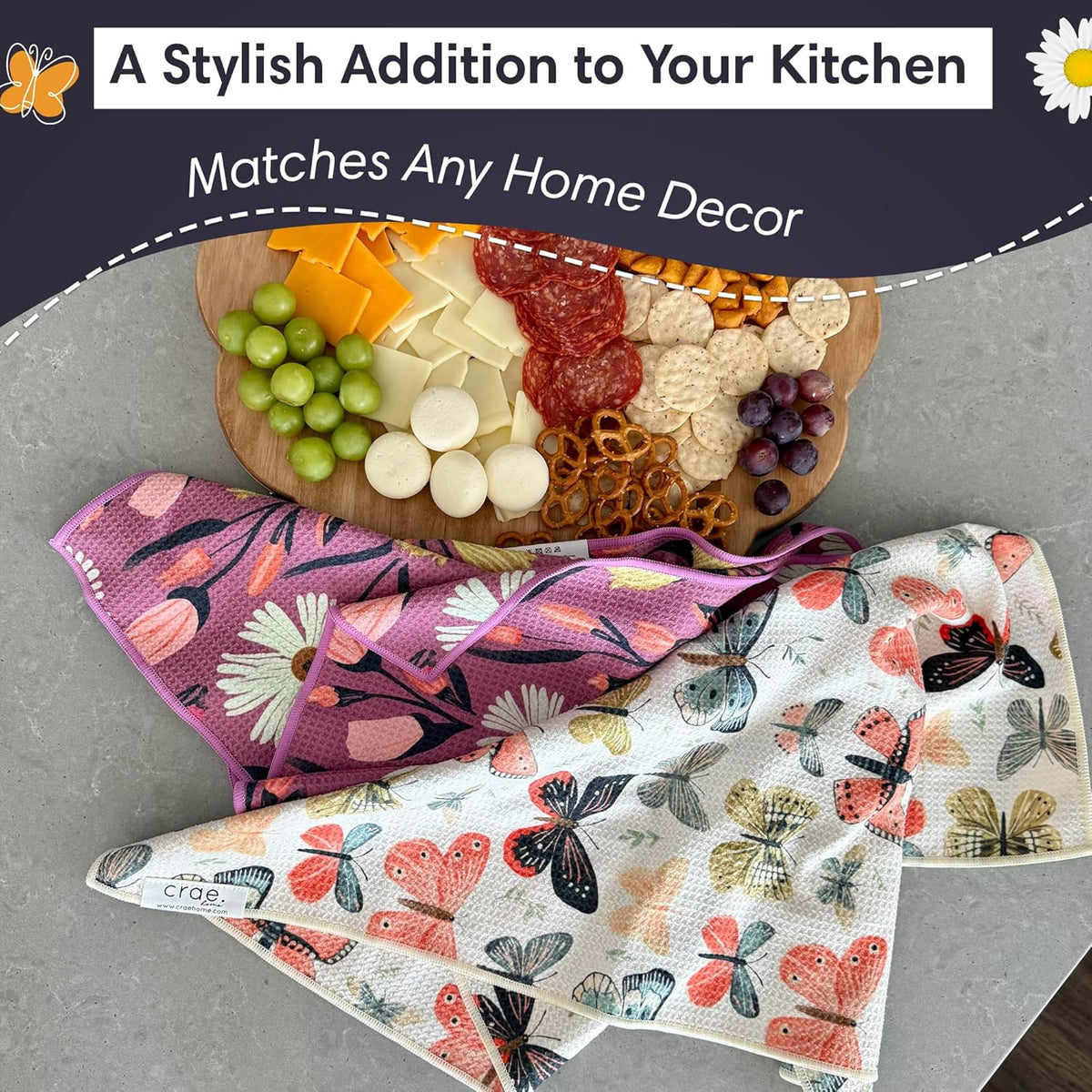 Microfiber Hand Towel & Washcloth Set of 2 - Double-Sided, Waffle Weave, Super Absorbent, Lint-Free, Fast Drying - Wings & Flower Farm Pattern for Bathroom, Kitchen, Car, and Window Cleaning