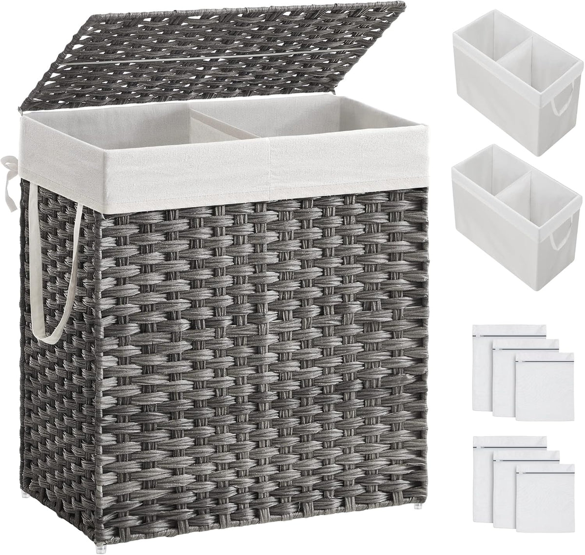 SONGMICS Laundry Hamper with Lid, 110L Clothes Hamper with 2 Removable Liner Bags, 6 Mesh Bags, Wicker Laundry Basket, Double Laundry Hamper for Bathroom, 13 x 22.4 x 23.6 Inches, Gray ULCB52WG