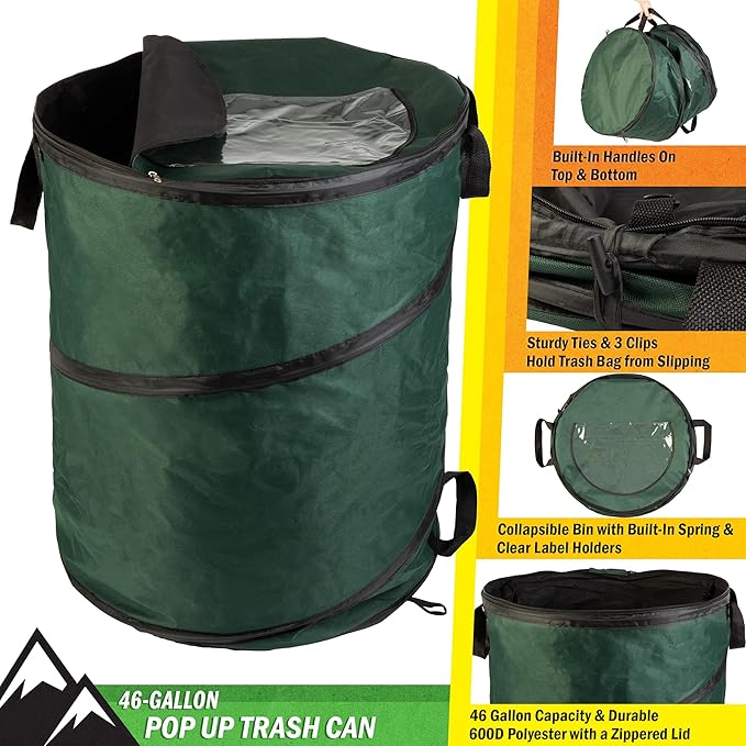 Wakeman Outdoor Trash Can - 46-Gallon Collapsible Garbage Can with 3 Stakes - Pop Up Trash Bin for Camping, Storage, or Yard Waste Outdoors (Green)