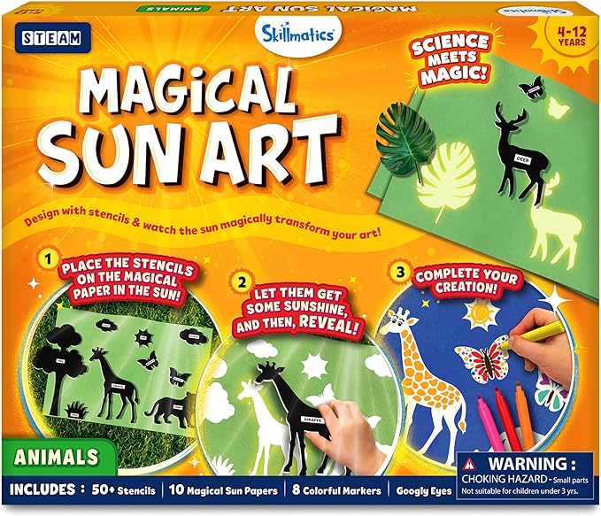 Skillmatics Sun Paper Art Kit - STEM Craft Kit for Kids with Decorative Paper, Stencils & Markers, Create with Sunlight, Mess-Free, Indoor Fun, Gifts for Ages 4, 5, 6, 7, 8, 9, 10, 11, 12