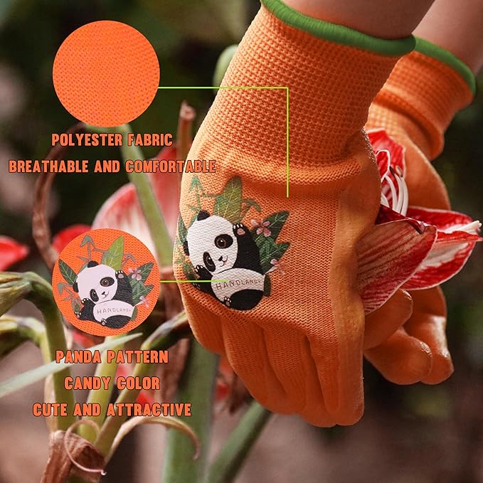 HANDLANDY 2 Pairs Kids Gardening Gloves, Toddler Children Garden Yard Work Outdoor Playing Gloves, Rubber Coating, for Girls Boys Youth (Size M, Orange)