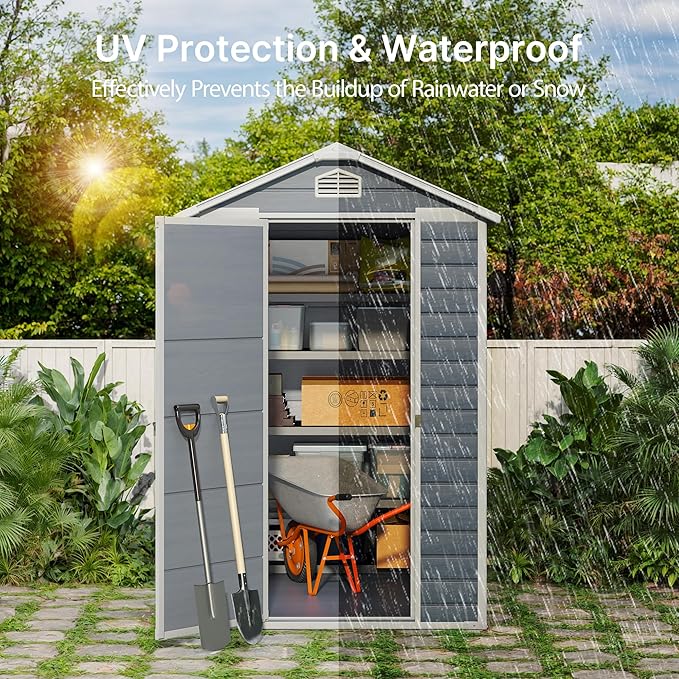 Gizoon 6x4 FT Outdoor Storage Shed with Floor, Resin Garden Tool Shed with Lockable Doors, Window, Vents, Reinforced Steel Frame, Waterproof Plastic Storage Sheds for Backyard, Patio, Lawn