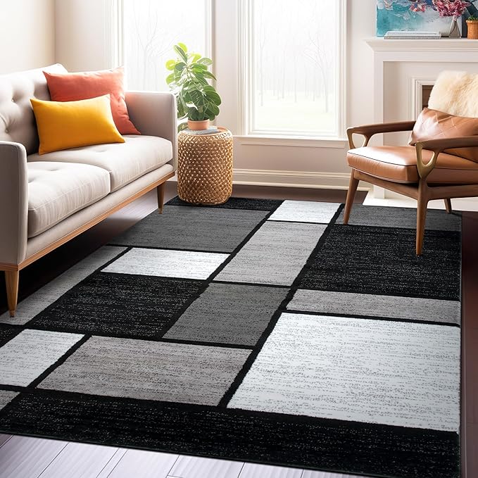 Rugshop Contemporary Modern Boxes Design Area Rug for Home Office,Living Room,Bedroom,Kitchen Non-Shedding Area Rug 5'3" x 7'3" Gray