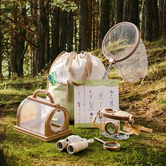 ROBOTIME Explorer Kit & Bug Catcher Kit for Kids, 12PCS Bug Catching Kit, Outdoor Bug Collection with Kids Binoculars, Butterfly Net, Insect Box, Magnifying Glass and Compass Watch for Toddlers 3-12