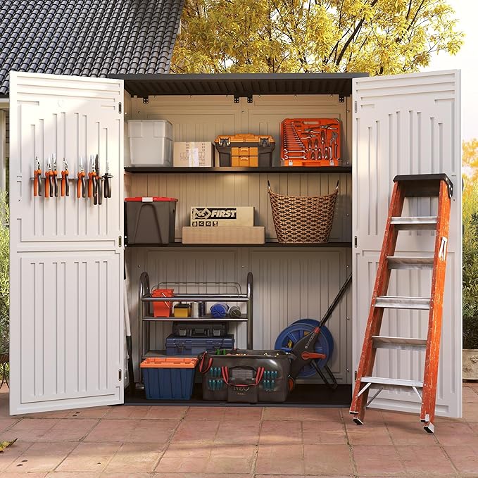 Vertical Resin Storage Shed with 2 Shelves, 60 Cuft Garden Tool Sheds & Outdoor Storage, Plastic Outdoor Storage Cabinet Waterproof, 4.5 x 2.3 ft Backyard Outside Lawn Mower Storage Shed, White