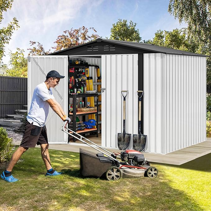DWVO 8x6ft Metal Outdoor Storage Shed, Waterproof Tool Shed Heavy-Duty Storage Unit with Lockable Door and Vents, Ideal for Bicycles, Tools, Lawnmowers, Backyards, Patios, Lawns - White