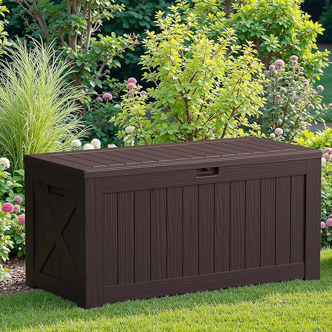 JUMMICO 120 Gallon Resin Deck Box, Large Outdoor Storage Box Waterproof & Lockable for Garden, Patio, Pools (Deep Brown)