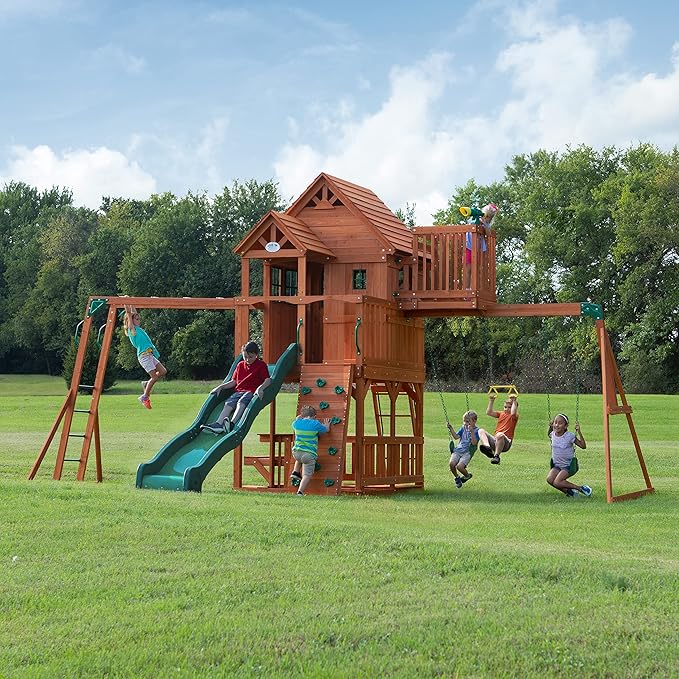 Backyard Discovery Skyfort II Cedar Wood Swing Set with Wave Slide, Raised Clubhouse, Crow's Nest, Monkey Bars, Balcony, Belt Swings, Trapeze, Rock Wall, Picnic Table, Sandbox, Ladder, Outdoor Playset