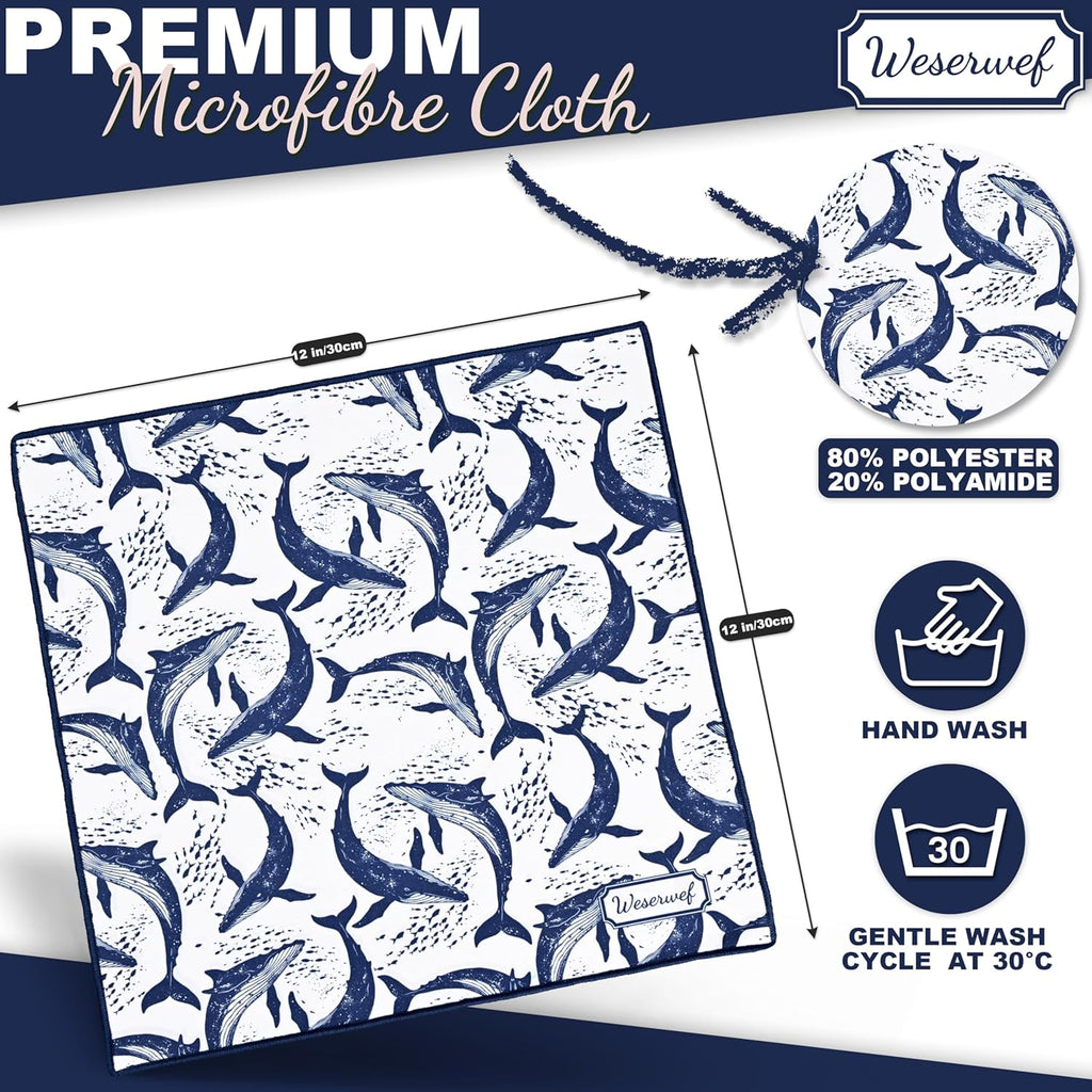 WESERWEF Design Microfiber Glasses Cleaning Cloth – Premium Cleaning Cloth for Eyeglasses, Screens, Tablets, Cameras & Lenses, 12" x 12", Ultra-Soft & Scratch-Free (Whales)