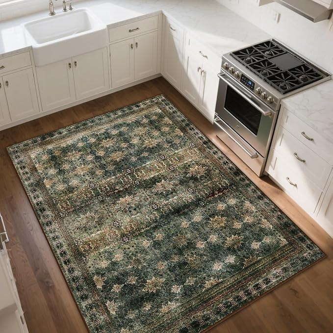 Large 8x10 Washable Area Rug for Living Room, No Shedding Vintage Floral Print Rugs Non Slip, Indoor Thin Retro Accent Carpet for Bedroom Farmhouse Dining Room(Dark Green/Brown/Multi)