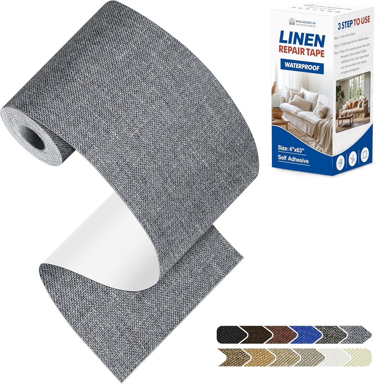 KING MOUNTAIN Linen Repair Patches, Self-Adhesive Fabric Patches, 4 X 63 inch Extra Size, Multi Color, Can be Used for Sofa Repair and Linen Clothes Repair (Grey)