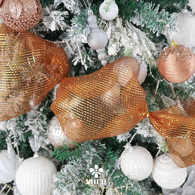 MEEDEE Deco Mesh Copper Brown Mesh Ribbon 10 Inch Deluxe Wide Foil Metallic Mesh Fall Deco Mesh Harvest Mesh Ribbon for Wreaths, Garland, Christmas Tree, Gift Wrapping, Bows Making (30 Feet)