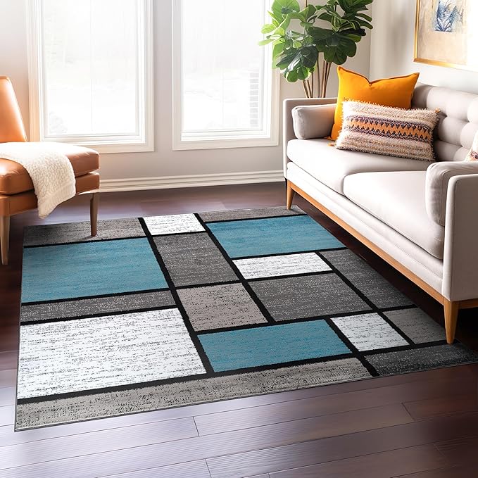 Rugshop Contemporary Modern Boxes for Home Office,Living Room,Bedroom,Kitchen Non Shedding Square Area Rug 6'6" x 6'6" Blue