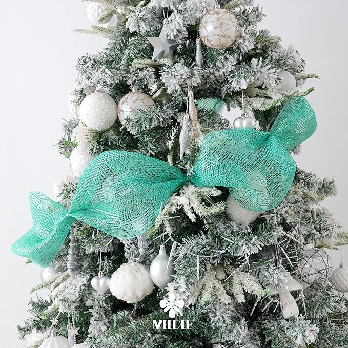 MEEDEE Mint Green Deco Mesh 10 Inch Deluxe Wide Foil Metallic Xmas Mesh Christmas Tree Ribbon Peppermint Mesh Ribbon for Christmas Tree, Wreaths, Garland, Gift Wrapping, Bows Making (30 Feet)