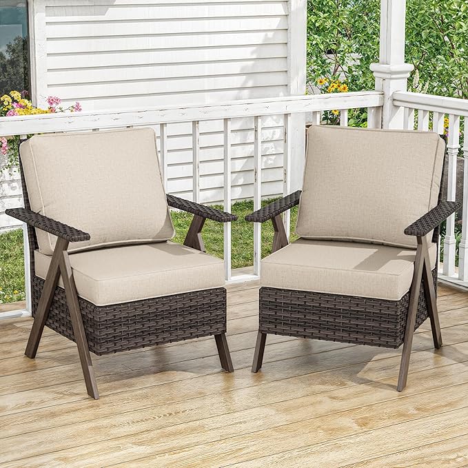 Outdoor Wicker Patio Chairs Set of 2, PE Rattan Patio Dining Chairs with Metal Frame and Deep Seating
