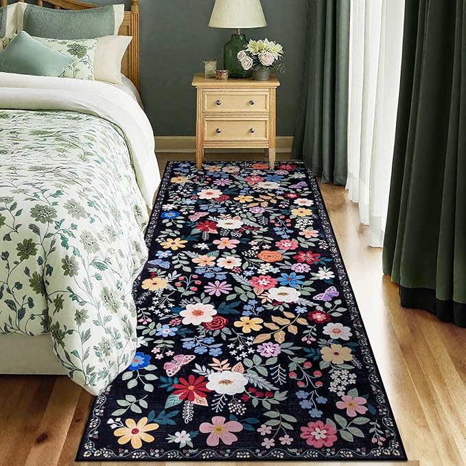 Runner Rug for Entryway: 2x10 Kitchen Rugs Non Slip Washable Ultra-Thin Soft Floral Carpet Indoor Floor Stain Resistant Carpets for Hallway Bedroom Kitchen Laundry Bathroom Dorm Black