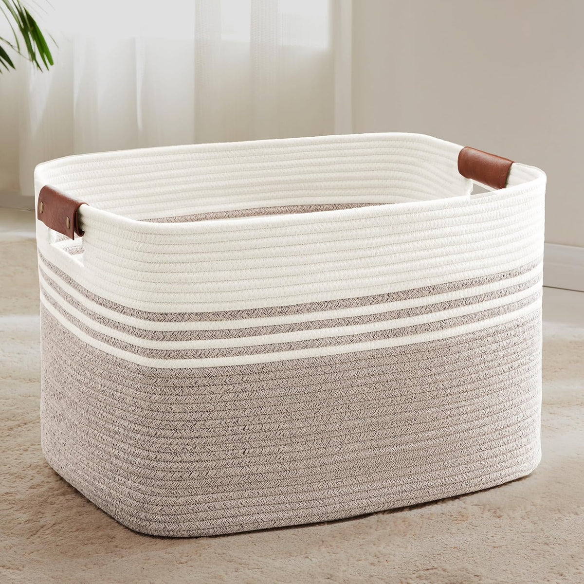 86L Extra Large Laundry Basket with Leather Handles for Living Room Storage, Woven Rope Baskets for Blanket, Kids Toy, Gifts, Wicker Hamper for Bedroom Dirty Clothes, 24"x16"x14" White Brown