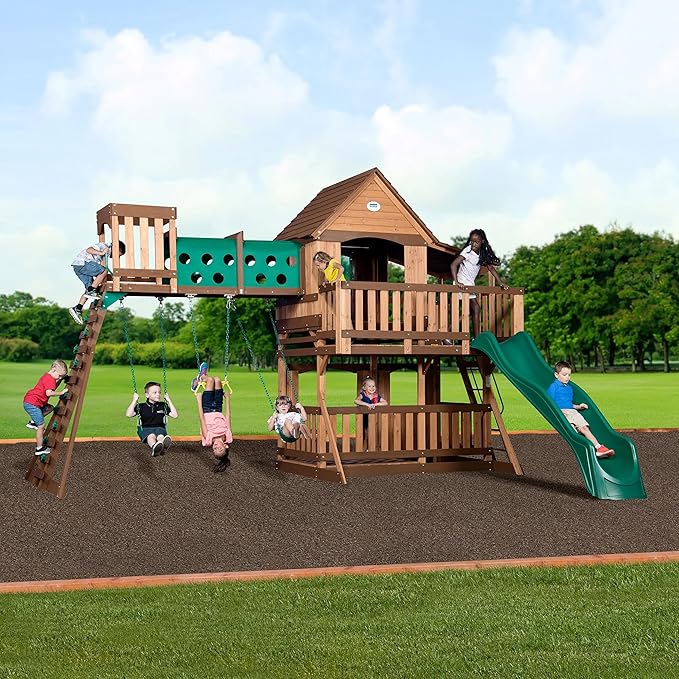 Backyard Discovery Woodridge Elite Cedar Wood Swing Set with Wave Slide, Clubhouse, Crawl Tunnel, Crow's Nest, Belt Swings, Trapeze, Rock Wall Ladder, Sandbox, Wrap-Around Porch, Deck, Outdoor Playset