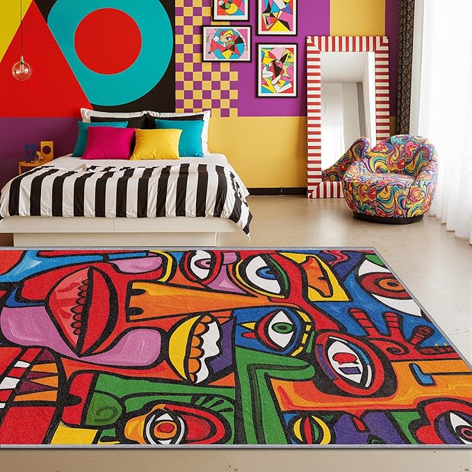 Abstract Rugs for Bedroom - 5x8 Rug - Abstract Rug - Colorful Graffiti Area Rug - Modern Geometric Pop Art Rugs - Multicolor Artistic Carpet - Home Decor