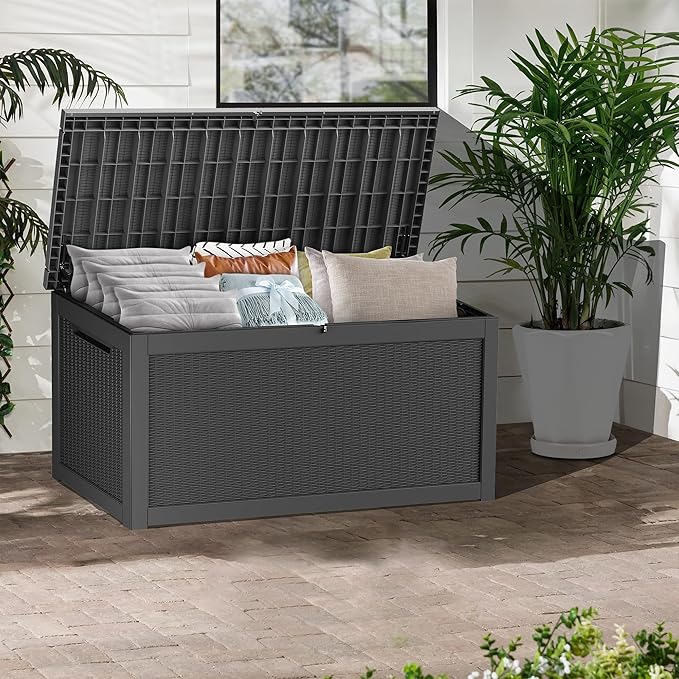 TARKARI 320 Gallon Lockable Resin Deck Box, Waterproof & UV-Resistant Outdoor Storage Box for Outdoor Cushion Storage, Garden Tools & Pool Accessories Storage, Black