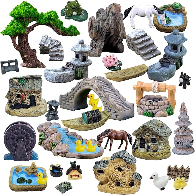 37PCS Fairy Garden Accessories, Miniature Nature Village Theme Fairy Garden Supplies for Outdoor, Mini Resin Animals House Bridge Pool Figurines Micro Landscape Succulent Plant Pots Terrarium Decor