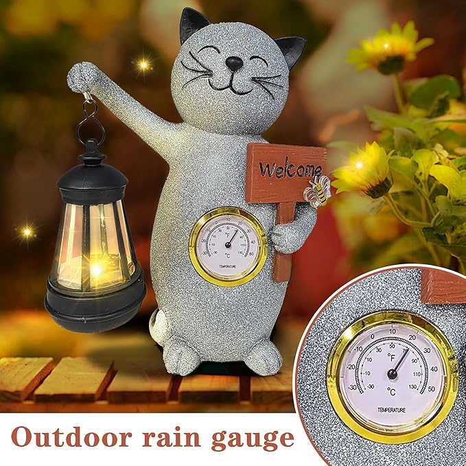 Solar Cat Outdoor Statues for Garden-Creative Thermometer-Lantern-Welcome Sign, Suitable for Yard Art, Lawn Ornaments, Porch, Terrace, Alcove, Home, House Outdoor, Cat Garden Decoration