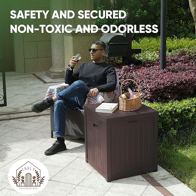 Deck Box, 51 Gallon Front Porch Package Bin Delivery Box for Outside, Small Patio Outdoor Storage Boxes Waterproof, UV Resistant Plastic Resin Pool Storage Bins with lids, Brown