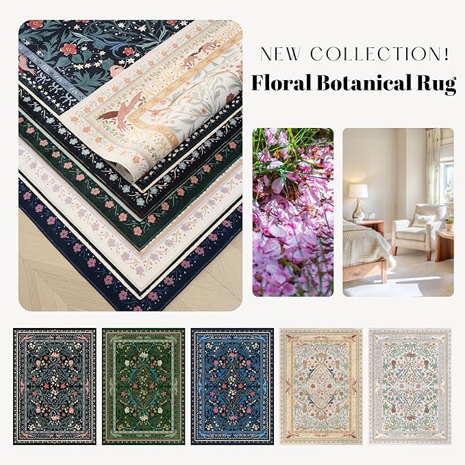 Door Mat Indoor Entrance 2x3 Rug Machine Washable Vintage Floral Botanical Small Area Rug Non-Slip Low Pile Throw Rugs for Entryway, Kitchen, Front Door Entrance, Entry, Kids Room, Black