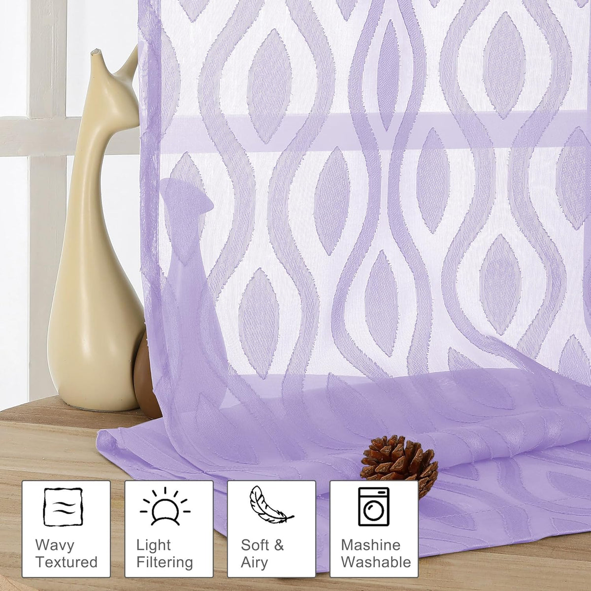 Aiyufeng Light Purple Valances for Windows, Chic Wavy Line Clip Jacquard Voile Sheer Small Window Curtain for Basement, Lightweight Rod Pocket Short Curtains for Windows, 2 PCS, 40Wx14L Inches