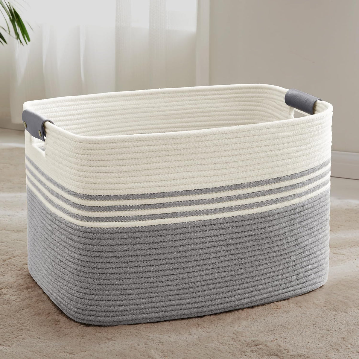 86L Extra Large Laundry Basket with Leather Handles for Living Room Storage, Woven Rope Baskets for Blanket, Kids Toy, Gifts, Wicker Hamper for Bedroom Dirty Clothes, 24"x16"x14" White Grey