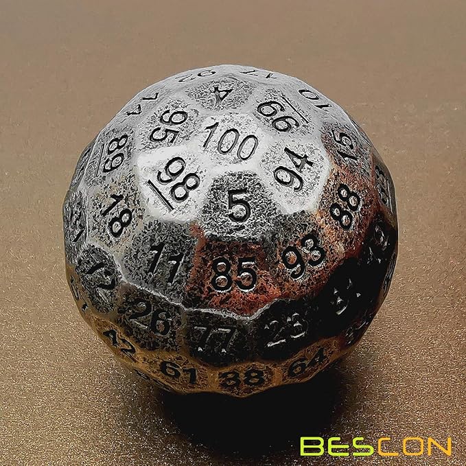 Bescon Solid Metal 100 Sided Dice, Game Dice D100, Giant Polyhedral Metal 100 Sides Dice 50MM in Diameter (1.97in), Ancient Silver