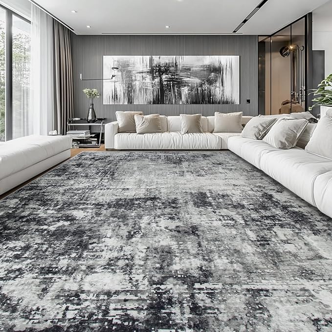 10x14 Area Rugs Large Living Room Rug Washable: Modern Abstract Rug Indoor Modern Carpet Non Slip for Dining Room Bedroom Nursery Home Office Black Grey