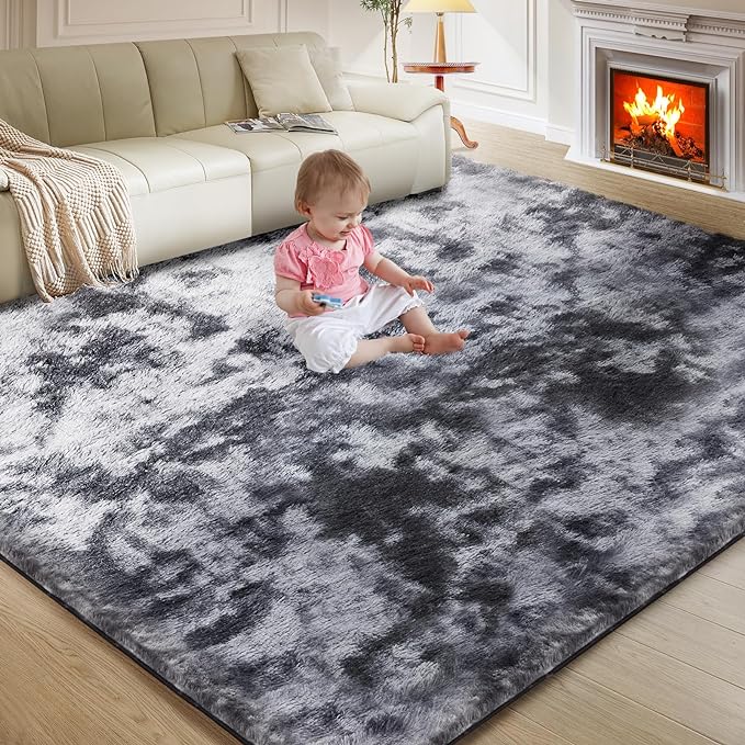 Ultra Soft Rug for Living Room, 8X10 Fluffy Shag Area Rug for Bedroom, Modern Shaggy Carpet Fuzzy Rug for Teens Dorm Nursery Home Decor Aesthetic, Upgrade Anti-Skid Durable, Tie Dye Black and Grey