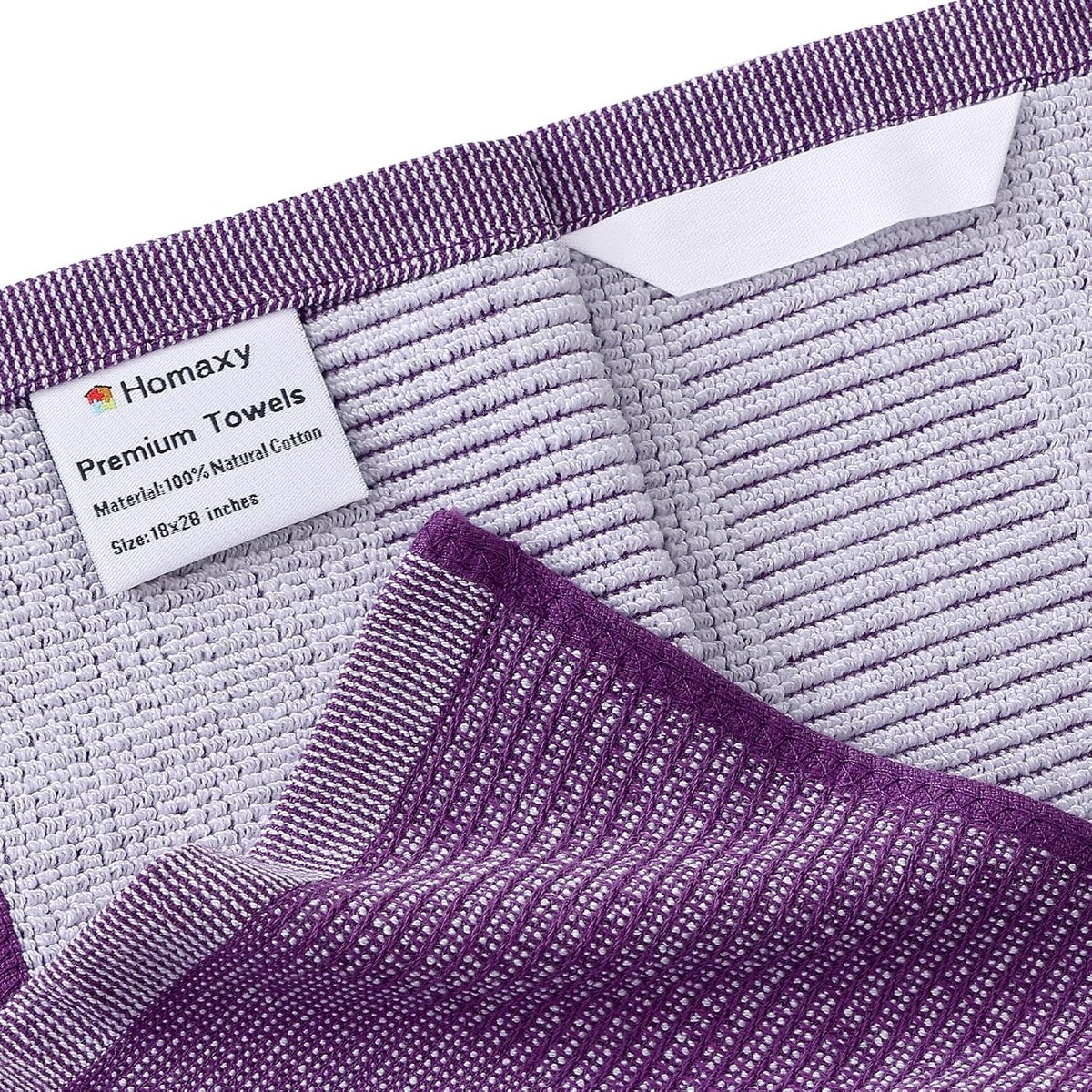 Homaxy Premium Kitchen Towels(18”x 28”, 6 Pack), Large Cotton Kitchen Hand Towels, Flat and Terry Dish Towels, 380 GSM Highly Absorbent Tea Towel Set with Hanging Loop, Purple