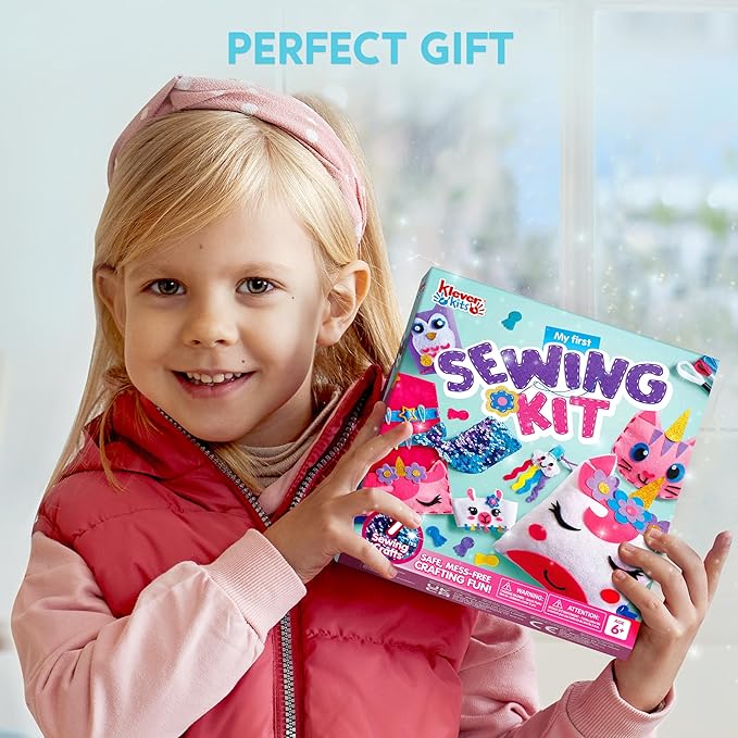 Klever Kits 7 Sewing Projects- My First Kids Sewing Kit- Easy DIY Arts and Crafts for Girls, Craft Kits, Birthday Gifts for Kids Aged 6+, Unicorn and Mermaid Pillow