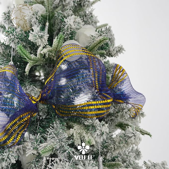 MEEDEE Navy Deco Mesh 10 Inch Deluxe Wide Foil Gold Border Mesh Metallic Mesh Fabric Navy Blue & Gold Mesh Ribbon for Christmas Tree, Wreaths, Garland, Gift Wrapping, Bows Making (30 Feet)