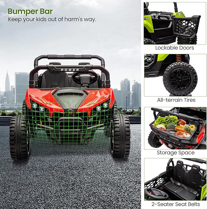 24V 2 Seater Ride On Car Truck, Power Wheels Kids UTV w/Parent Remote Control, 3.1 MPH Max Speed, Music Player, LED Lights & Storage, Electric Vehicle Ride On Toy for Kids Toddler Ages 3-8, Red