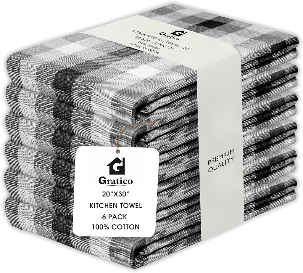 Kitchen Towels Set of 6 Black/White Checks 20x30 Inches 100% Cotton Highly Absorbent Kitchen Towels Premium Quality Ultra Soft Mitered Corners