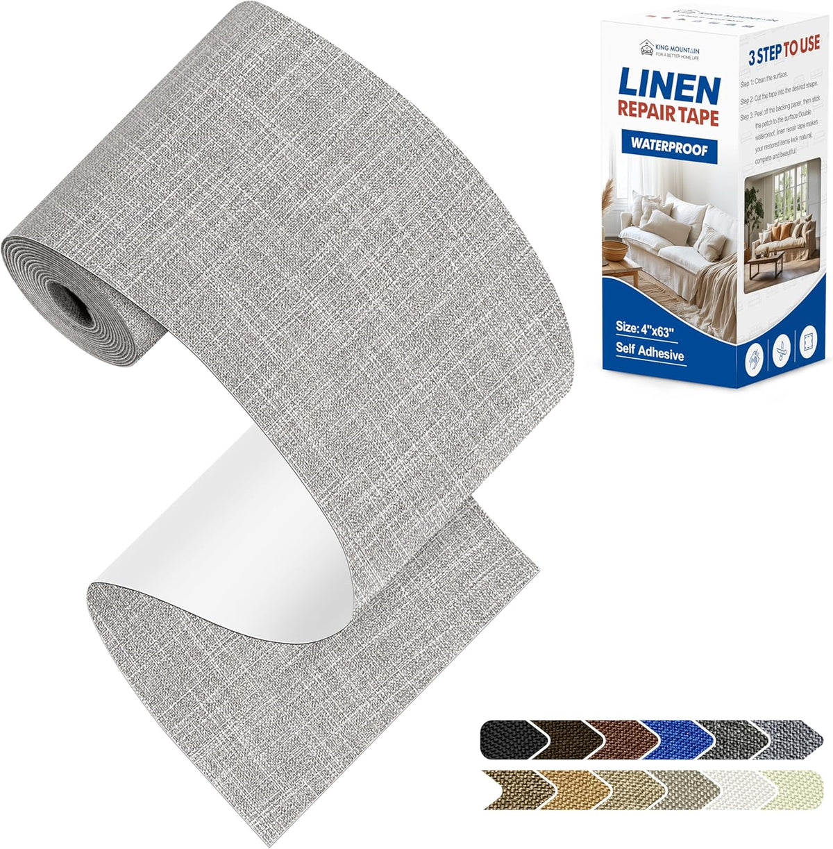KING MOUNTAIN Linen Repair Patches, Self-Adhesive Fabric Patches, 4 X 63 inch Extra Size, Multi Color, Can be Used for Sofa Repair and Linen Clothes Repair (Light Grey 2.0)