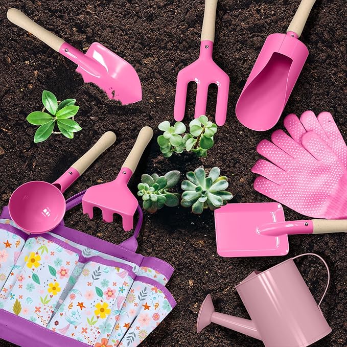 Kids Gardening Set 14Pcs Gardening Tools for Kids with Tote Bag,Watering Can, Shovel, Apron, Garden Book and More Educational STEM Learning Outdoor for Toddlers Boys Girls (Mermaid Rose Red)