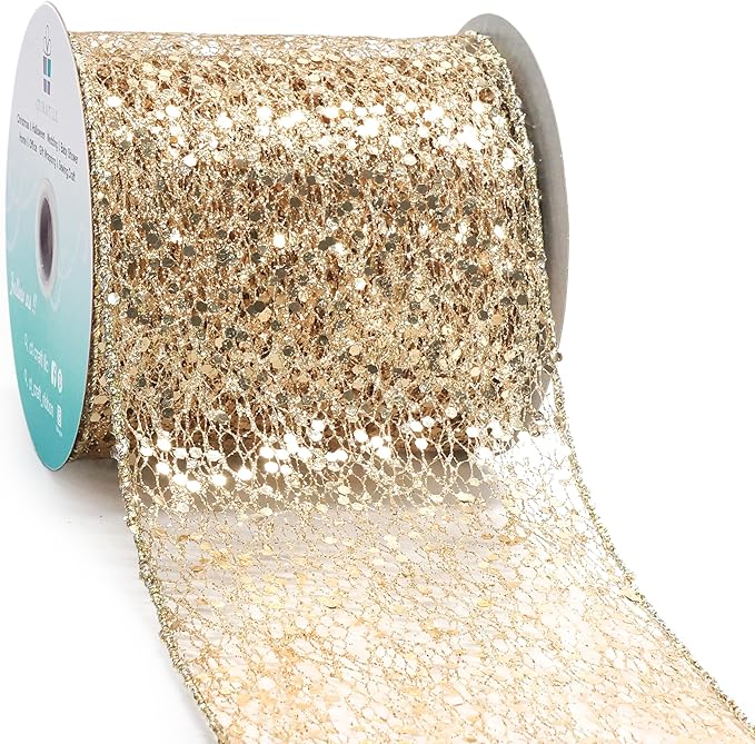 CT CRAFT LLC Sparkling Glitter Mesh Wired Ribbon 4" x 10 Yards Champagne Gold for Christmas Home Decor Bow Gift Wrapping DIY Crafts Wreath