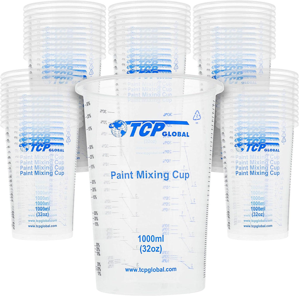 TCP Global 32 oz. (1000ml) Graduated Plastic Mixing Cups (Box of 50) - Disposable Plastic Measuring Cups for Liquids, Paints, Resin, Epoxy, Art, Kitchen - Ratios 2-1, 3-1, 4-1 ML