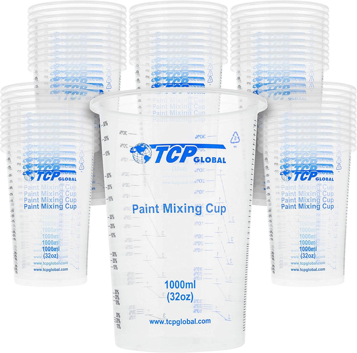 TCP Global 32 oz. (1000ml) Graduated Plastic Mixing Cups (Box of 50) - Disposable Plastic Measuring Cups for Liquids, Paints, Resin, Epoxy, Art, Kitchen - Ratios 2-1, 3-1, 4-1 ML