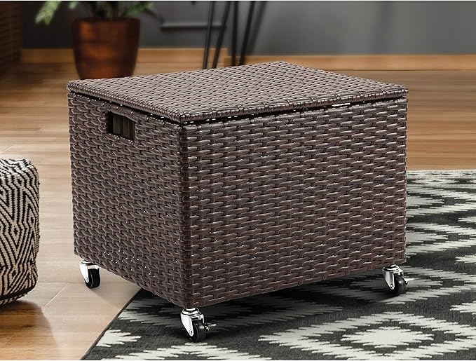 BIRDROCK HOME Rolling File Box - Storage Cabinet with Wheels - Weatherproof Rattan-Style Resin Deck Chest for Garden, Home Office - Organize Cushions, Toys, and Accessories - Storage Box - Espresso